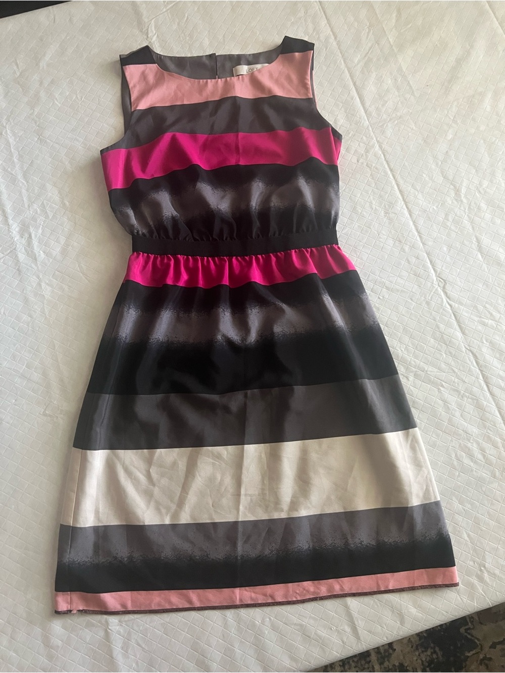 LOFT Sleeveless Stripe Dress in Pink, Hot Pink, Black, Gray and Cream